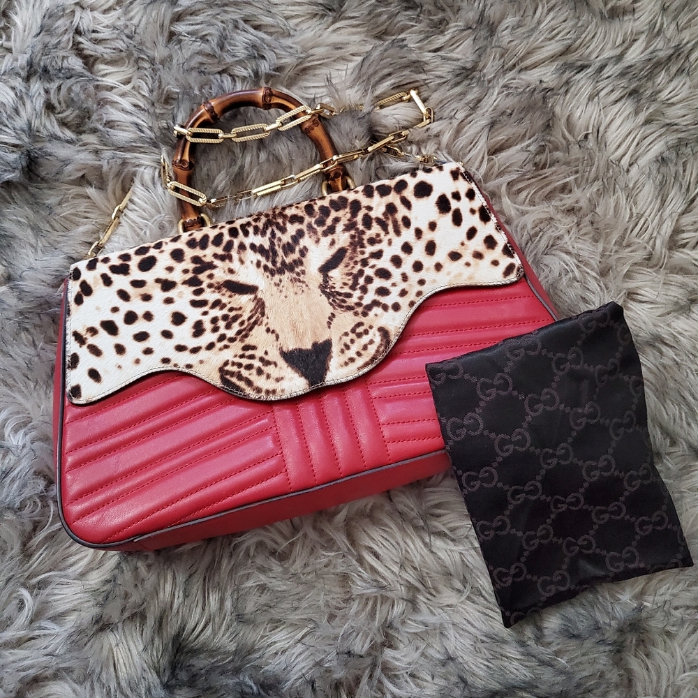 GUCCI Bamboo Leopard Calf Hair Satchel/Shoulder Bag